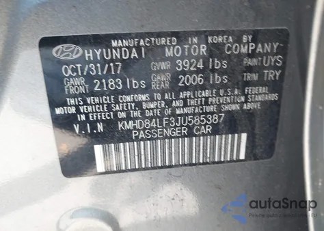2018 Hyundai Elantra Sel z USA, uszkodzony, nr VIN KMHD84LF3JU585387